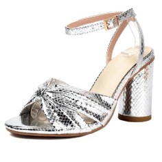 Peep Toe Snake Print Chunky Heels Knotted Ankle Buckle Straps Sandals - Silver Faux Leather