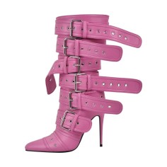Pointed Toe Stiletto Heels Belt Buckle Straps Side Zipper Ankle Highs Punk Boots - Pink Faux Leather