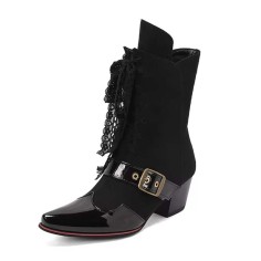 Pointed Toe Patchwork Ankle Highs Lace Up Chunky Heels Printed Fabric Belt Buckle Cowboy Boots - Black Patent