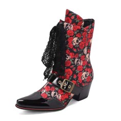 Pointed Toe Patchwork Ankle Highs Lace Up Chunky Heels Printed Fabric Belt Buckle Cowboy Boots - Red Patent