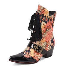 Pointed Toe Patchwork Ankle Highs Lace Up Chunky Heels Printed Fabric Belt Buckle Cowboy Boots - Yellow Patent
