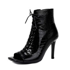 Square Open Toe Lace Up Stiletto Heels Ankle Highs Summer Booties - Black Patent