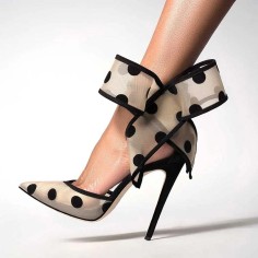 Pointed Toe Stiletto Heels Polka Dots Mesh Pumps - Black Lace