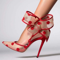 Pointed Toe Stiletto Heels Polka Dots Mesh Pumps - Red Lace