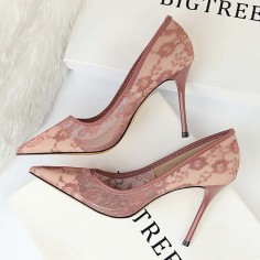 Pointed Toe Stiletto Heels Elegant Transparent Summer Spring Pumps - HotPink Lace