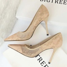 Pointed Toe Stiletto Heels Elegant Transparent Summer Spring Pumps - Beige Lace