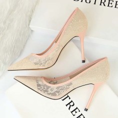 Pointed Toe Stiletto Heels Elegant Transparent Summer Spring Pumps - Pink Lace