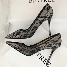 Pointed Toe Stiletto Heels Elegant Transparent Summer Spring Pumps - Black Lace