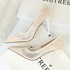 Pointed Toe Stiletto Heels Elegant Transparent Summer Spring Pumps - White Lace