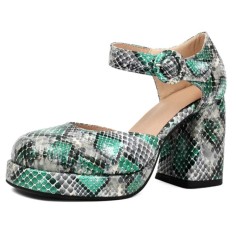 Round Toe Ankle Buckle Straps Chunky Heels Dorsay Snake Print Sandals - Green Faux Leather