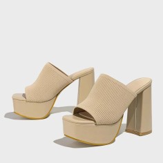 Square Open Toe Chunky Heels Platform Stretch Cozy Summer Spring Sandals - Apricot Fabric