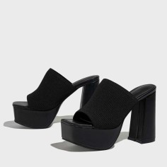 Square Open Toe Chunky Heels Platform Stretch Cozy Summer Spring Sandals - Black Fabric