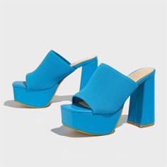 Square Open Toe Chunky Heels Platform Stretch Cozy Summer Spring Sandals - Blue Fabric