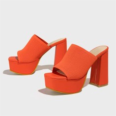 Square Open Toe Chunky Heels Platform Stretch Cozy Summer Spring Sandals - Orange Fabric