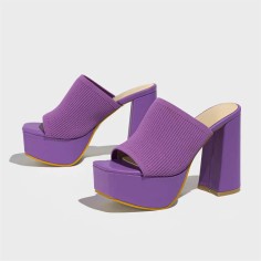Square Open Toe Chunky Heels Platform Stretch Cozy Summer Spring Sandals - Purple Fabric