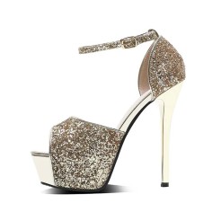 Peep Toe Stiletto Heels Glitters Gradient Color Platforms Ankle Buckle Straps Sandals  - Gold Synthetic
