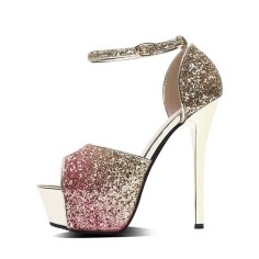 Peep Toe Stiletto Heels Glitters Gradient Color Platforms Ankle Buckle Straps Sandals  - Pink Gold Synthetic