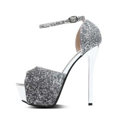 Peep Toe Stiletto Heels Glitters Gradient Color Platforms Ankle Buckle Straps Sandals  - Silver Synthetic