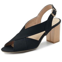 Fishmouth Peep Toe Cross Design Slingback Chunky Heels Sandals - Black Denim