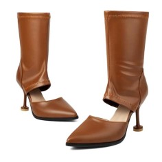 Pointed Toe Summer Sock Mid Calf Stiletto Heels Back Zipper Booties - Brown Faux Leather
