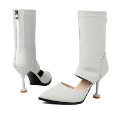 Pointed Toe Summer Sock Mid Calf Stiletto Heels Back Zipper Booties - LightGreen Faux Leather