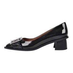 Pointed Toe Chunky Heels Punk Goth Rivet Decorated Retro Pumps - Black Faux Leather