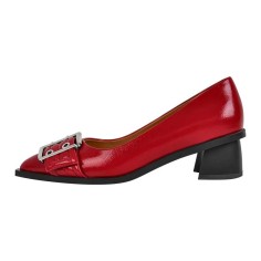 Pointed Toe Chunky Heels Punk Goth Rivet Decorated Retro Pumps - Red Faux Leather