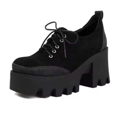 Square Toe Lace Up Chunky Heels Platforms Patchwork Loafers  - Black Flock