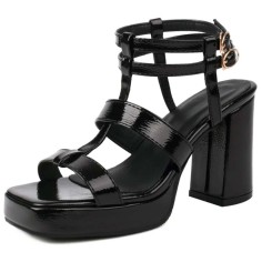 Square Open Toe Ankle Buckle Double T Straps Chunky Heels Summer Sandals - Black Patent