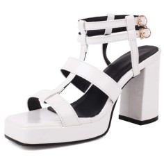 Square Open Toe Ankle Buckle Double T Straps Chunky Heels Summer Sandals - White Patent