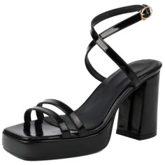 Square Open Toe Cross Straps Platforms Chunky Heels Summer Sandals - Black Patent