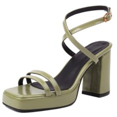 Square Open Toe Cross Straps Platforms Chunky Heels Summer Sandals - Green Patent