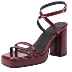 Square Open Toe Cross Straps Platforms Chunky Heels Summer Sandals - Wine Patent