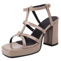 Square Open Toe Ankle Buckle T Straps Chunky Heels Summer Sandals - Apricot Tan Patent