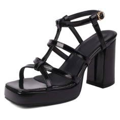 Square Open Toe Ankle Buckle T Straps Chunky Heels Summer Sandals - Black Patent