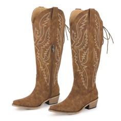 Pointed Toe Chunky Heels Western Style Knee Highs Cowgirl Boots - Brown Faux Leather