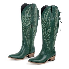 Pointed Toe Chunky Heels Western Style Knee Highs Cowgirl Boots - Green Faux Leather