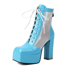 Square Toe Platforms Chunky Heels Patchwork Mesh Hollowed Breathable Lace Up Ankle Highs Boots - SkyBlue Patent
