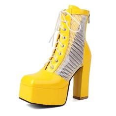 Square Toe Platforms Chunky Heels Patchwork Mesh Hollowed Breathable Lace Up Ankle Highs Boots - Yellow Patent