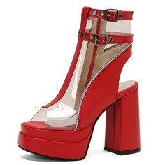 Peep Toe Double Buckle Straps Transparent Ankle Highs Chunky Heels Platforms Summer Booties - Red Faux Leather