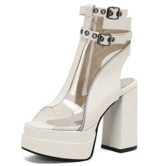 Peep Toe Double Buckle Straps Transparent Ankle Highs Chunky Heels Platforms Summer Booties - White Faux Leather