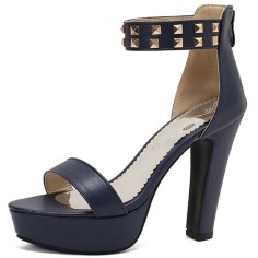 Peep Toe Ankle Buckle Rivet Straps Cuban Heels Platforms Sandals - Blue Faux Leather