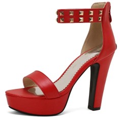 Peep Toe Ankle Buckle Rivet Straps Cuban Heels Platforms Sandals - Red Faux Leather