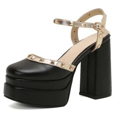 Round Toe Ankle Buckle Rivet Golden Straps Chunky Heels Platforms Sandals - Black Faux Leather