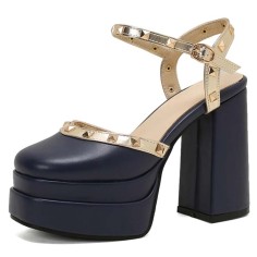 Round Toe Ankle Buckle Rivet Golden Straps Chunky Heels Platforms Sandals - Blue Faux Leather