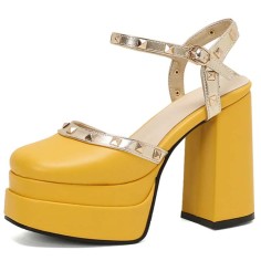 Round Toe Ankle Buckle Rivet Golden Straps Chunky Heels Platforms Sandals - Yellow Faux Leather