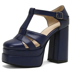 Round Toe T Straps Chunky Heels Platforms Summer Sandals - Blue Faux Leather