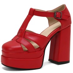 Round Toe T Straps Chunky Heels Platforms Summer Sandals - Red Faux Leather