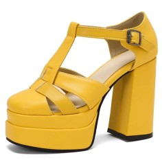 Round Toe T Straps Chunky Heels Platforms Summer Sandals - Yellow Faux Leather