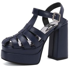 Open Toe T Straps Ankle Buckle Straps Double Platforms Chunky Heels Summer Sandals - Blue Faux Leather